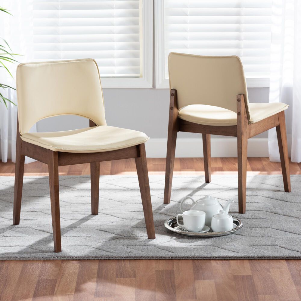 Baxton Studio Afton Side Chair with Beige Faux Leather in Walnut Brown (Set of 2), , large