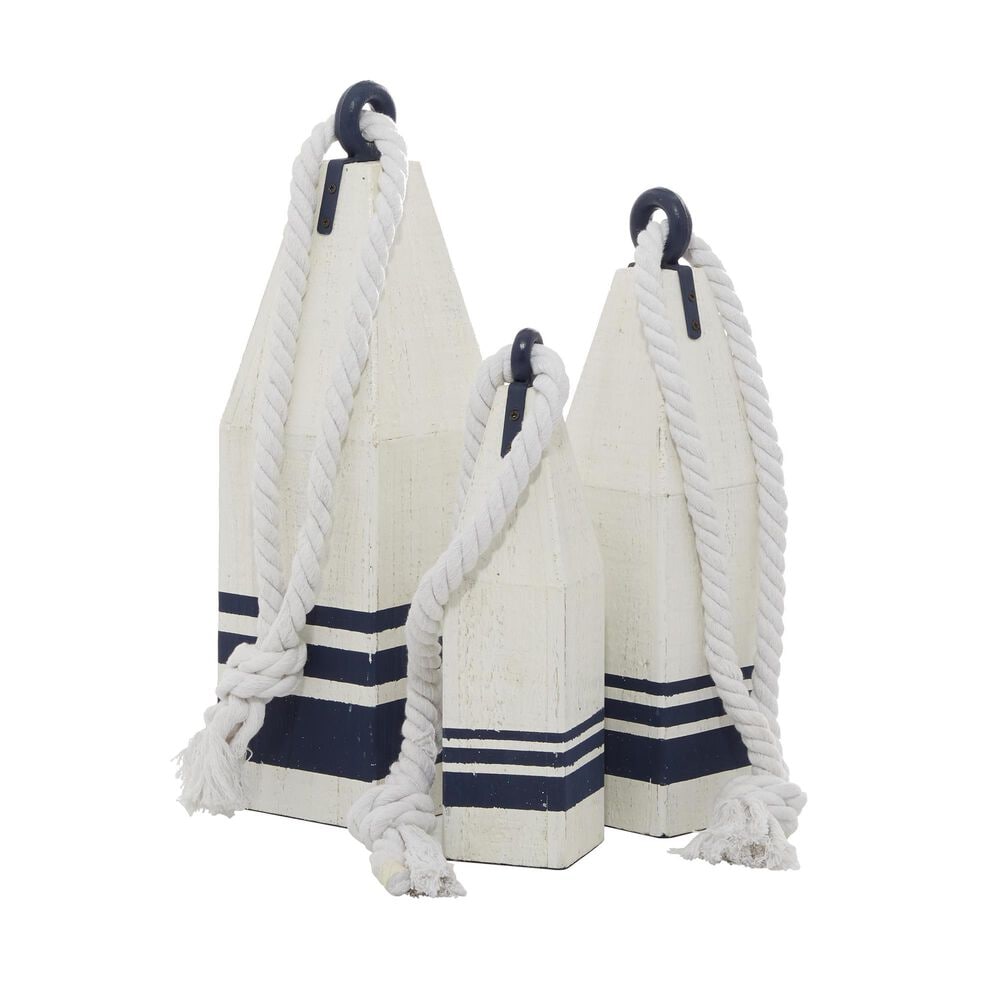 Maple and Jade 3-Piece Buoy Decorative Sculpture Set with Rope in Distressed White and Navy Blue, , large