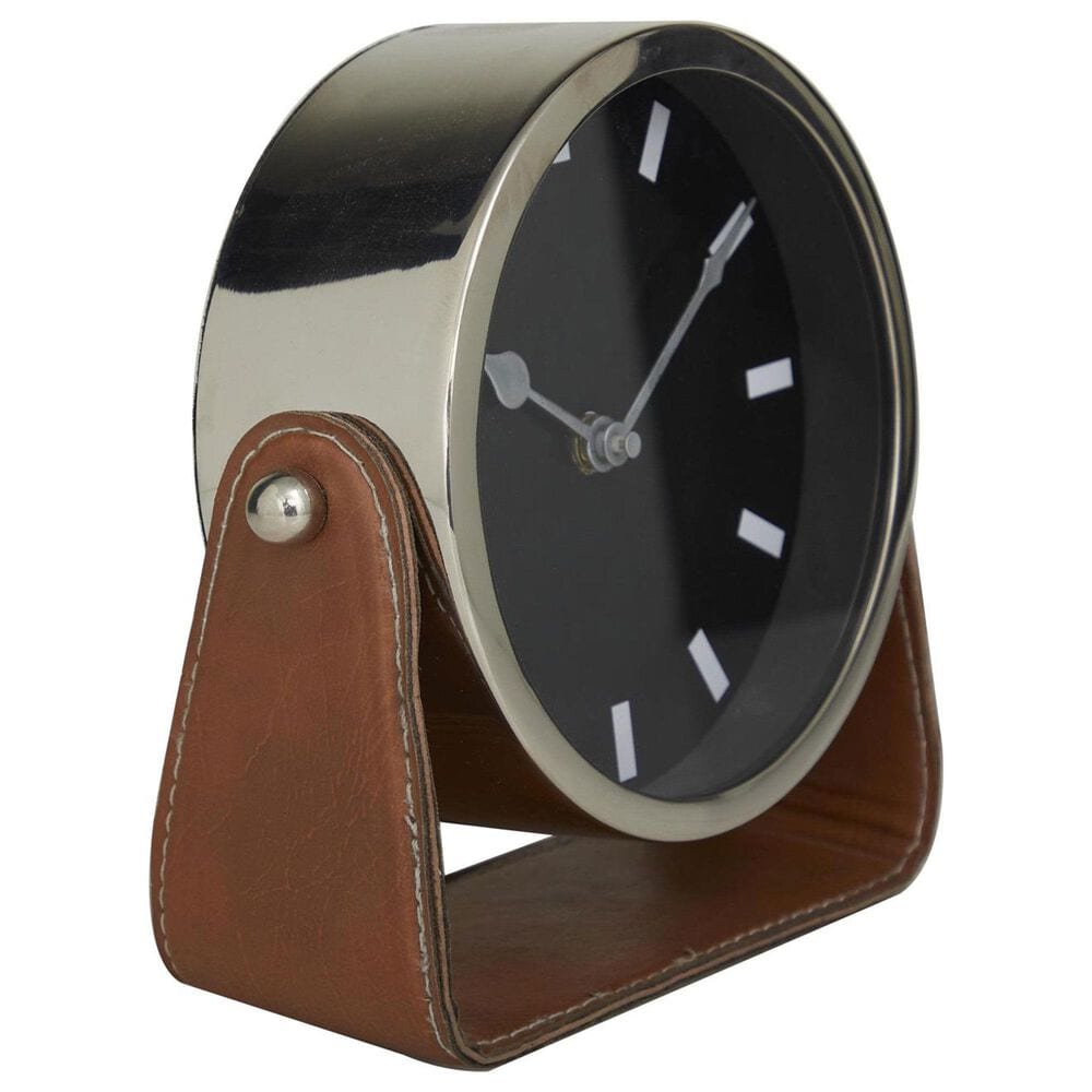 Maple and Jade Decorative Table Clock with Brown Leather Stand in Polished Gold, , large