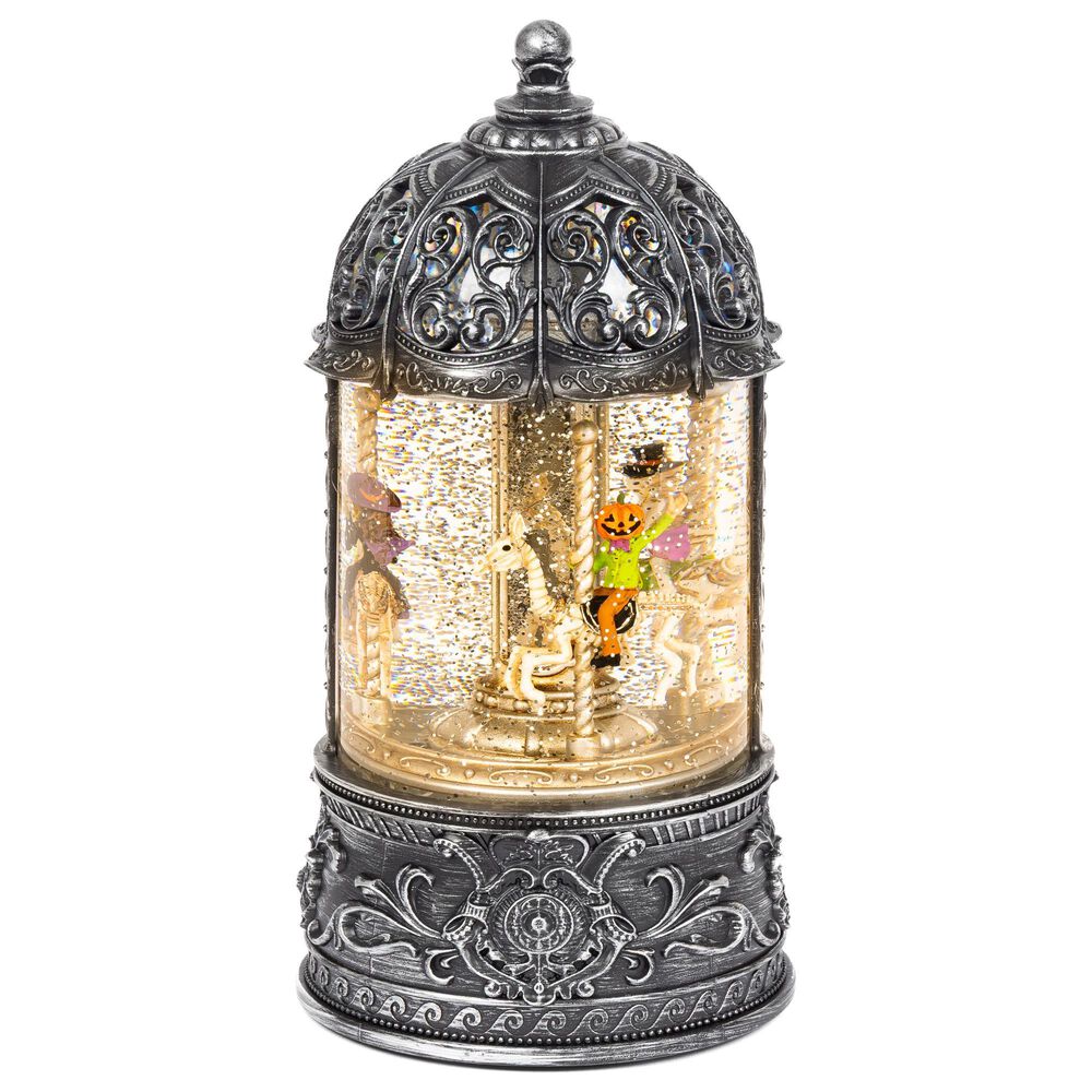 The Gerson Company Lighted Spinning Water Globe Lantern with Rotating Halloween Figurines in Gray, , large