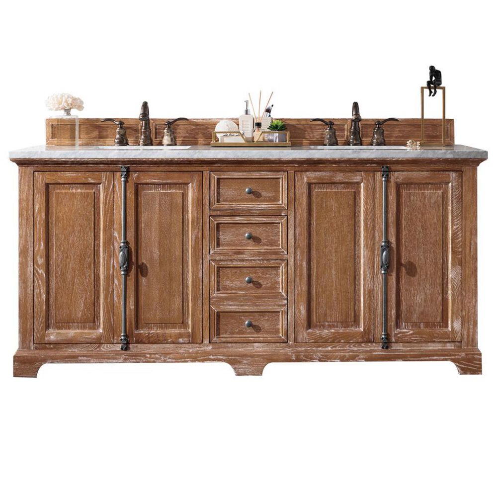James Martin Vanities Providence 72" Double Bathroom Vanity in Driftwood with 3 cm Carrara White Marble Top and Rectangular Sinks, , large