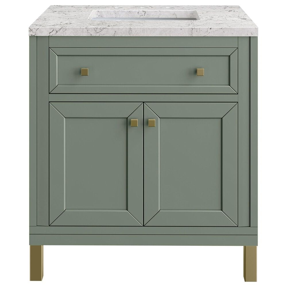 James Martin Vanities Chicago 30" Single Bathroom Vanity in Smokey Celadon with 3 cm Eternal Jasmine Pearl Quartz Top and Rectangular Sink, , large