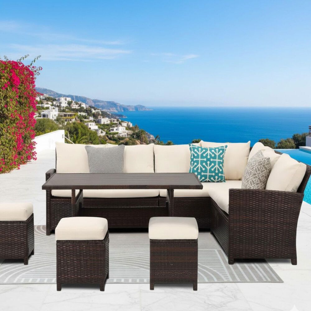 Hearth and Haven 7-Piece Outdoor Dining Set with Ivory Cushion in Brown, , large