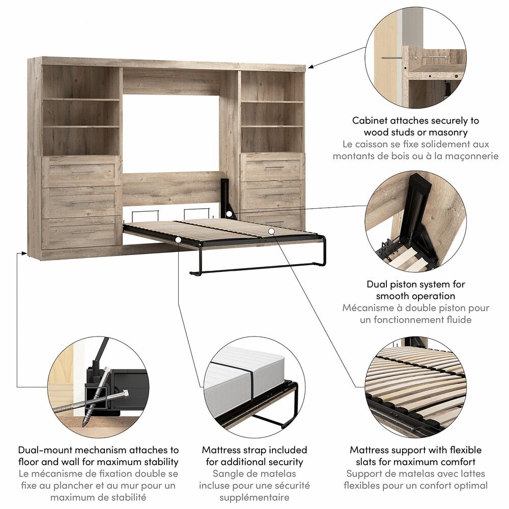 Bestar Pur 130&quot; Full Murphy Storage Bed with 6-Drawer in Rustic Brown, , large