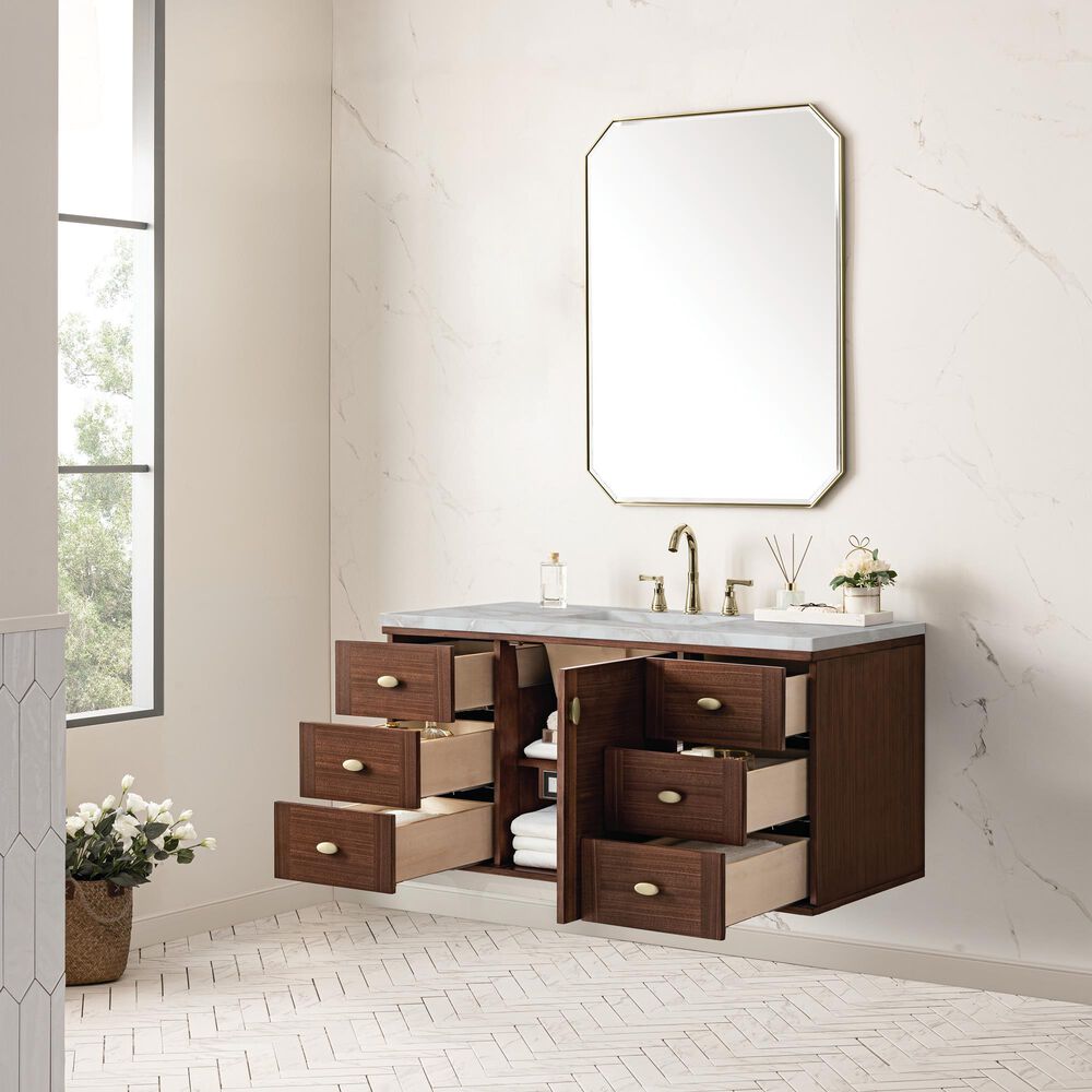 James Martin Vanities Amberly 48&quot; Single Bathroom Vanity in Mid-Century Walnut with 3 cm Victorian Silver Quartz Top and Rectangular Sink, , large