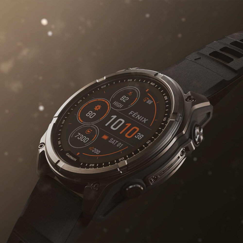 Garmin Fenix 8 Sapphire AMOLED Smartwatch 43mm Carbon Gray DLC Titanium Case with Black and Pebble Gray Silicone Band, , large