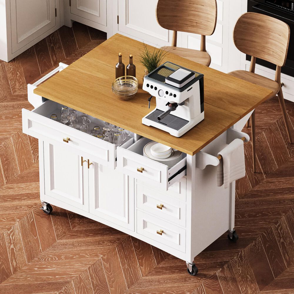 HOMLUX 52" Kitchen Island with Drop Leaf in White, , large