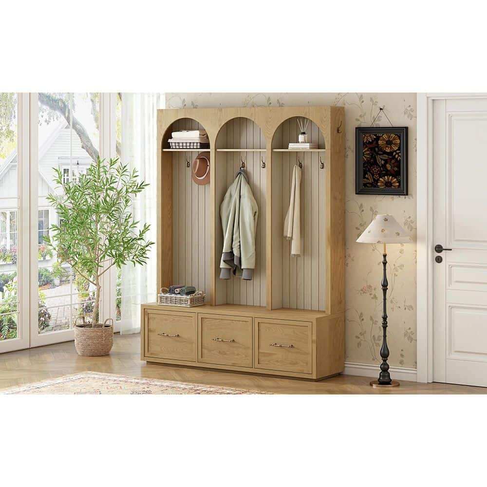 GigaCloud Wooden Hall Tree with Arched Design and Drawers in Natural and Oak, , large