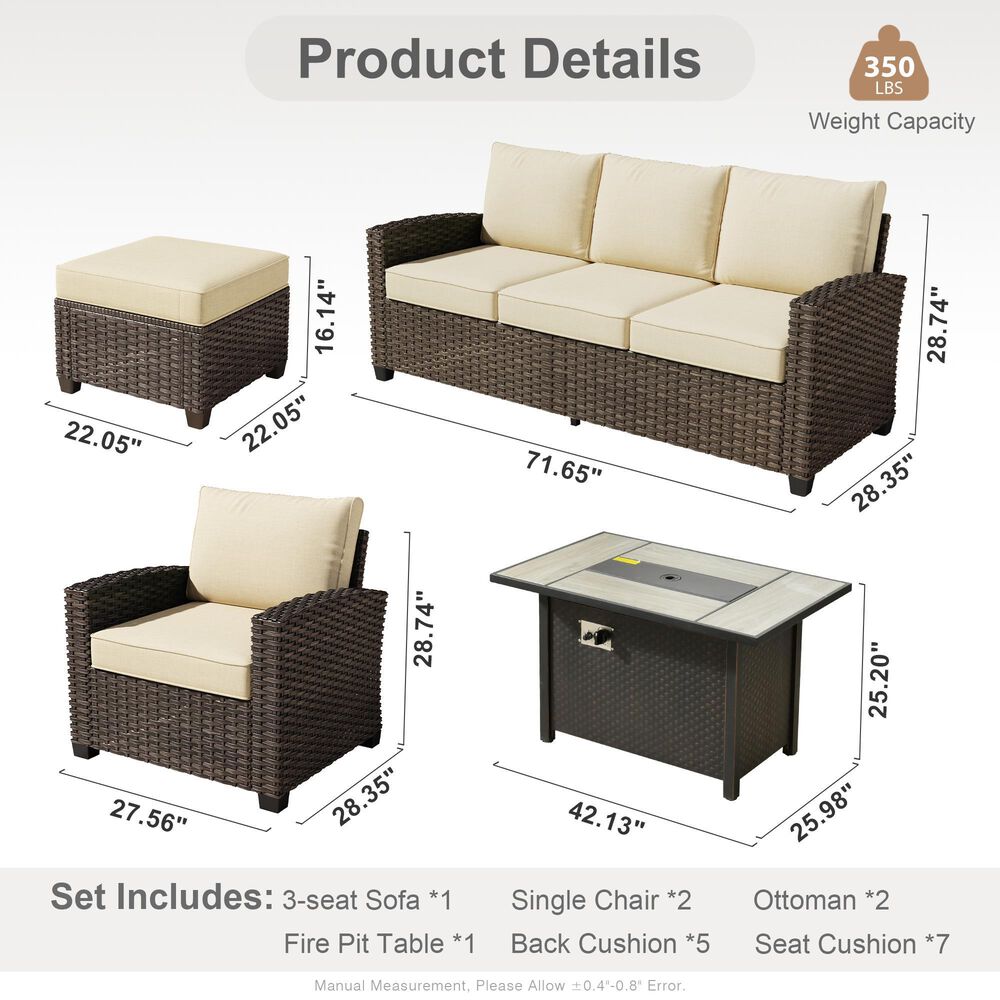 HOMLUX 6-Piece Patio Conversation Set with 42" Fire Pit Table and Light Brown Wicker in Beige, , large