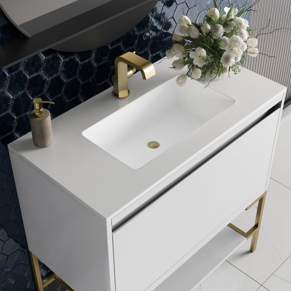 James Martin Mantova 35.4&quot; Single Bathroom Vanity in Glossy White and Champagne Brass with 2 cm Glossy White Solid Surface Top and Rectangular Sink, , large