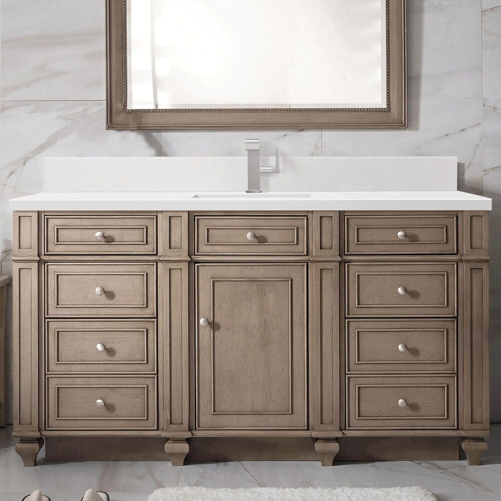 James Martin Vanities Bristol 60&quot; Single Bathroom Vanity in Whitewashed Walnut with Single Hole 3 cm White Zeus Quartz Top and Rectangular Sink, , large
