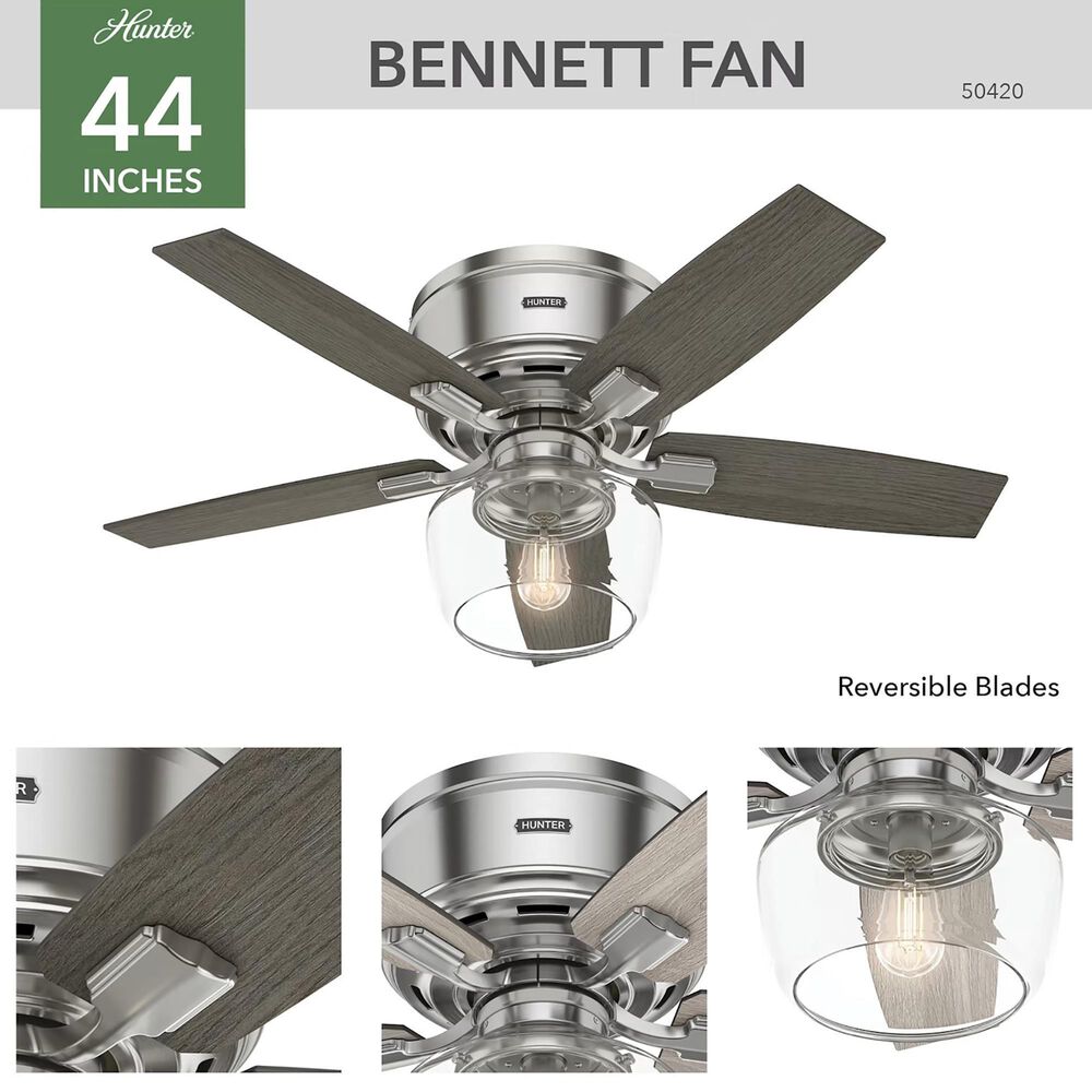 Hunter Bennett Low Profile 44&quot; Ceiling Fan with LED Light in Brushed Nickel, , large