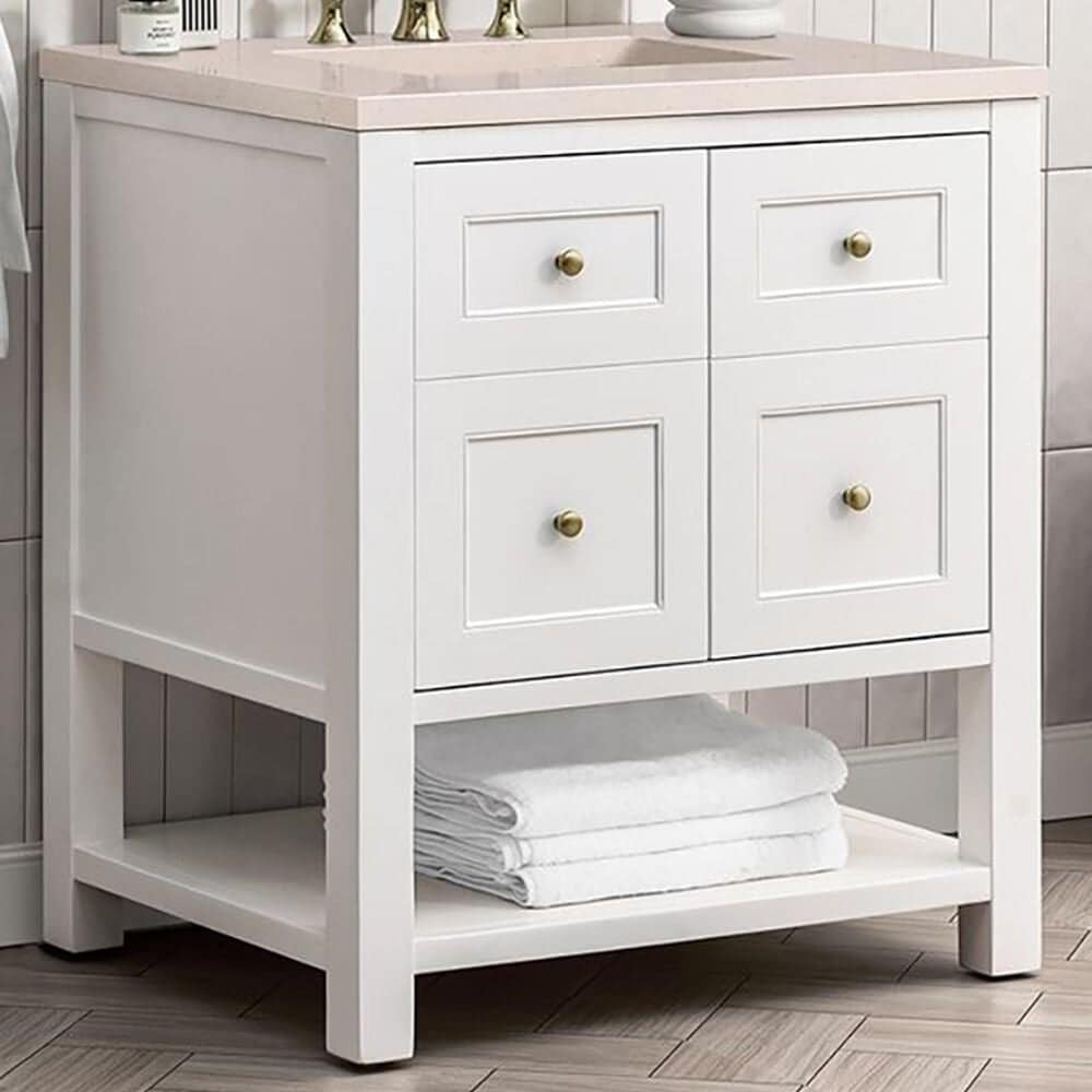 James Martin Vanities Breckenridge 30&quot; Single Bathroom Vanity in Bright White with 3 cm Eternal Marfil Quartz Top and Rectangular Sink, , large