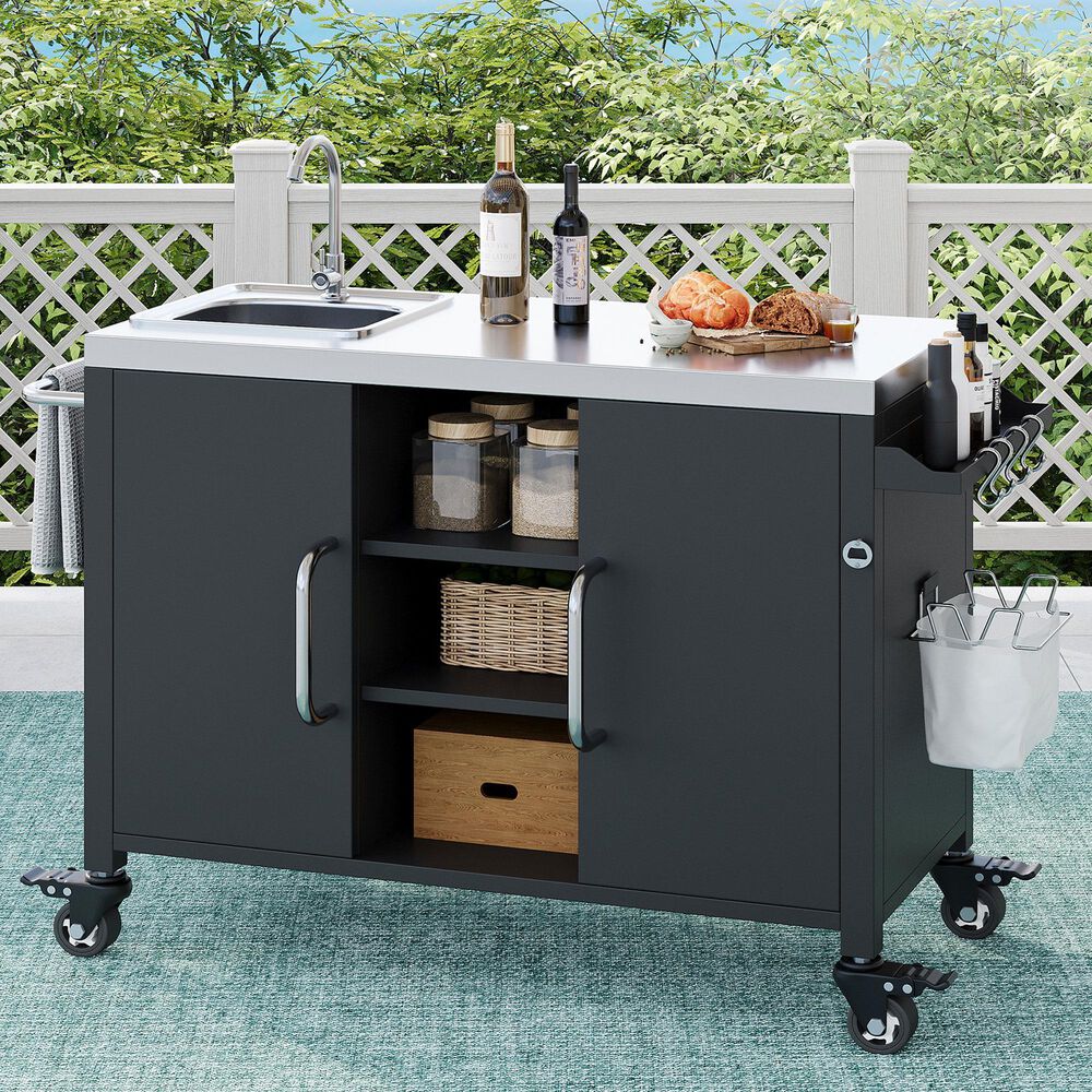 HOMLUX 55.5" Outdoor Kitchen Island with Sink in Black and Stainless Steel, , large