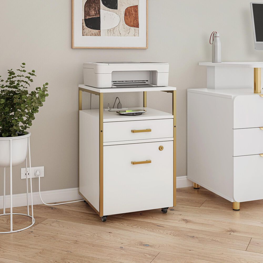 Rta Products Llc Modern Rolling File Cabinet with USB Charging Ports and Power Outlet in White and Gold, , large