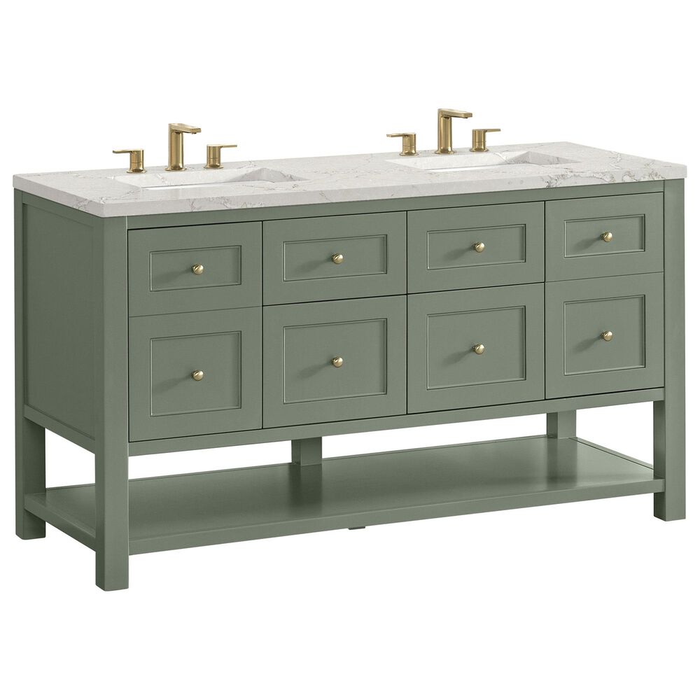 James Martin Vanities Breckenridge 60&quot; Double Bathroom Vanity in Smokey Celadon with 3 cm Victorian Silver Quartz Top and Rectangular Sinks, , large