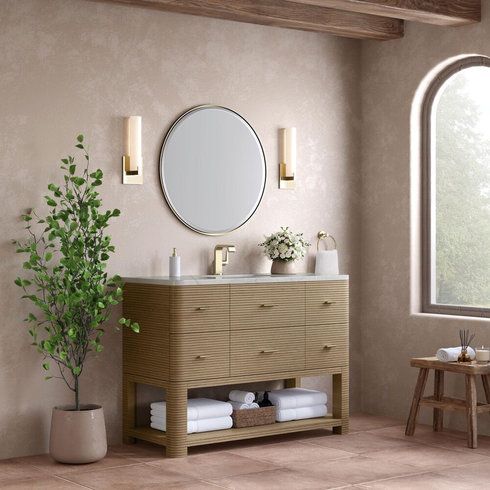 James Martin Vanities Lucian 48" Single Bathroom Vanity in Pebble Oak with 3 cm Victorian Silver Quartz Top, Rectangular Sink and FreePower Wireless Charger, , large