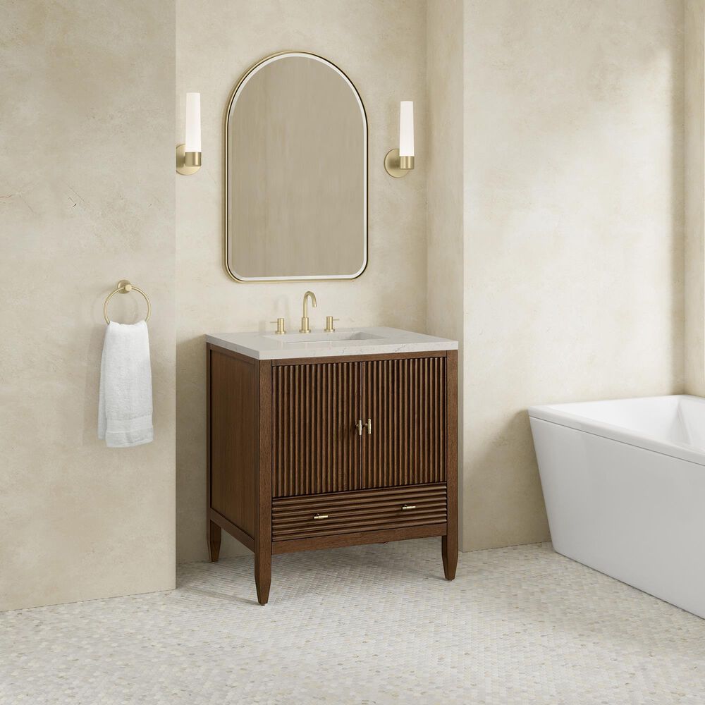 James Martin Myrrin 30" Single Bathroom Vanity in Mid-Century Walnut with 3 cm Siberian Silestone Top and Rectangular Sink, , large