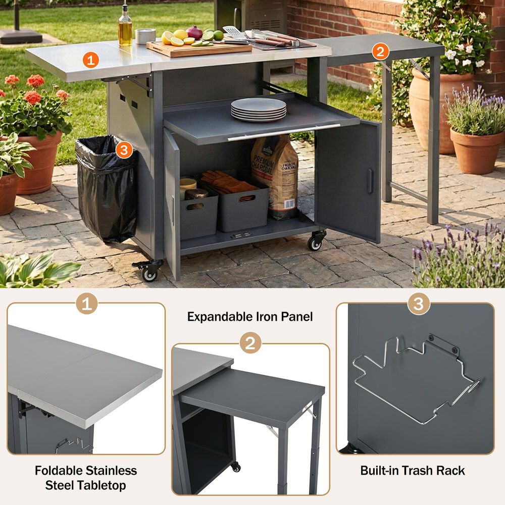 Hearth and Haven Outdoor Kitchen Island Cart with Dual Expandable Stainless Steel Tabletops in Gray, , large