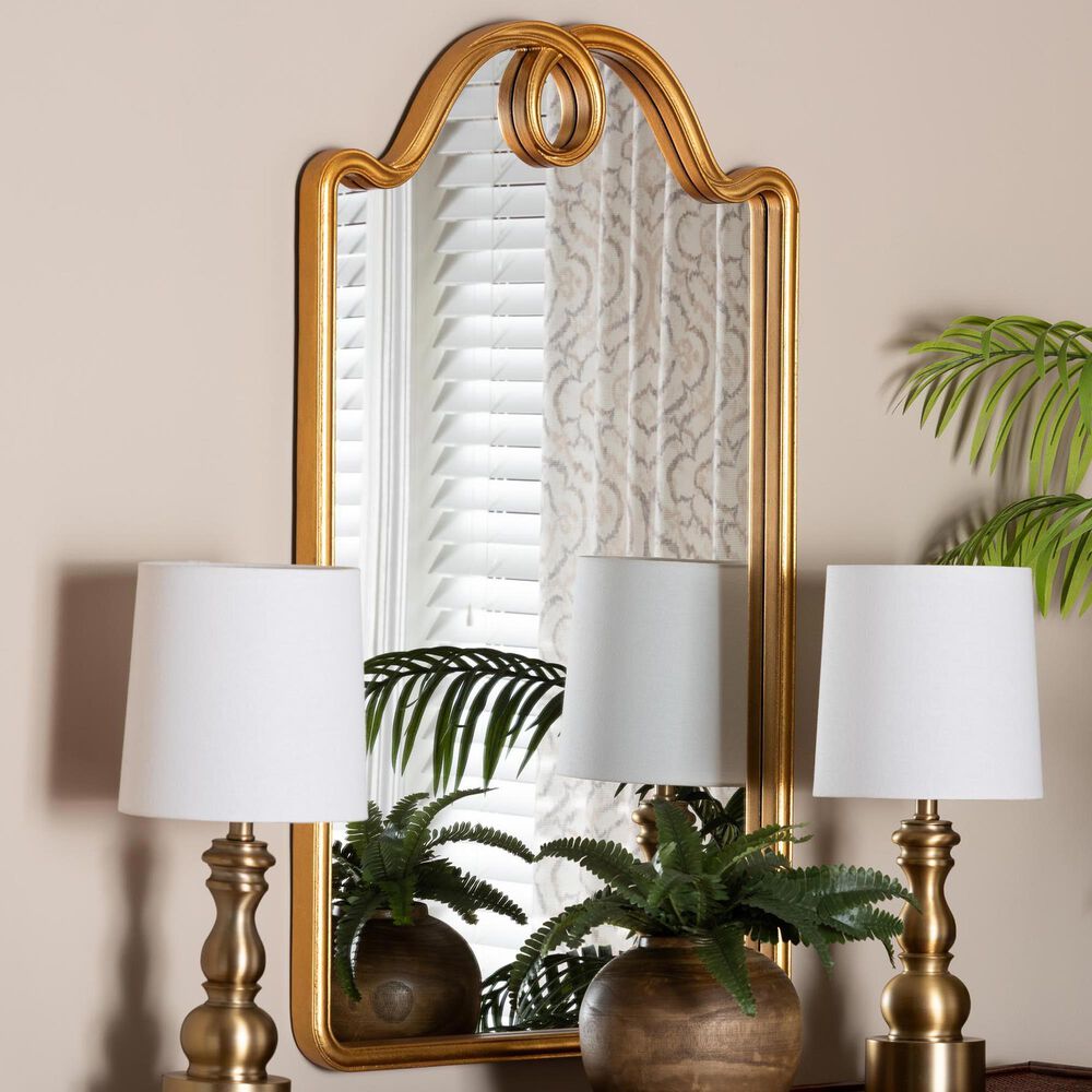 Baxton Studio Eara Wall Mirror with Decorative Top in Gold, , large