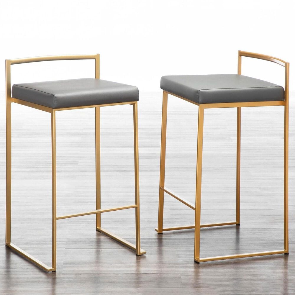 Lumisource Fuji Stackable Counter Stool with Grey Faux Leather Cushion in Gold &#40;Set of 2&#41;, , large