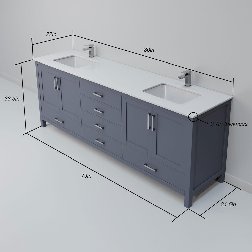 Lexora Home Jacques 80" Double Bathroom Vanity in Dark Grey with 2 cm White Quartz Top and Rectangular Sinks, , large
