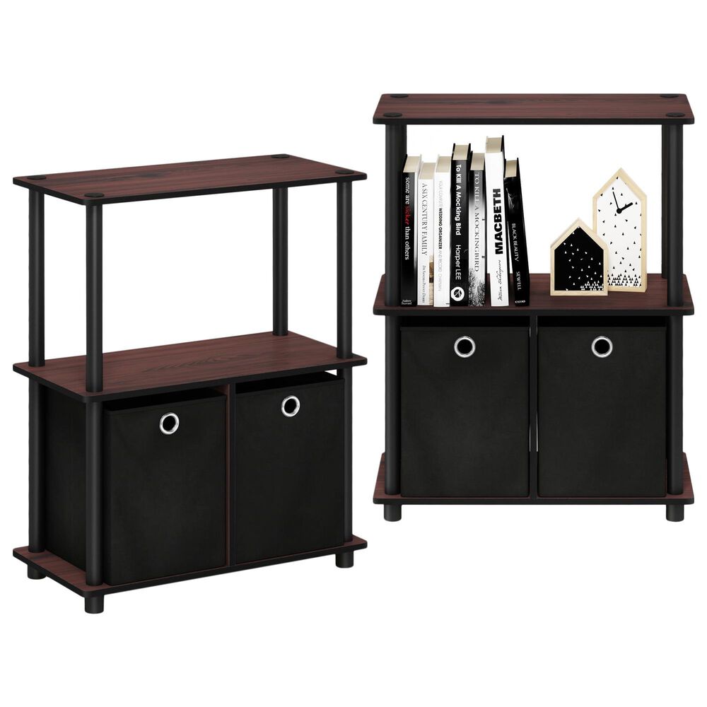 HOMLUX 3-Tier Multi-Purpose Bookcase with Two Bins in Dark Cherry and Black (Set of 2), , large