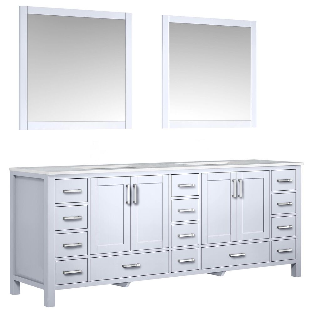 Lexora Home Jacques 84" Double Bathroom Vanity in White with Carrara Marble Top, Rectangle Sinks and Mirrors, , large