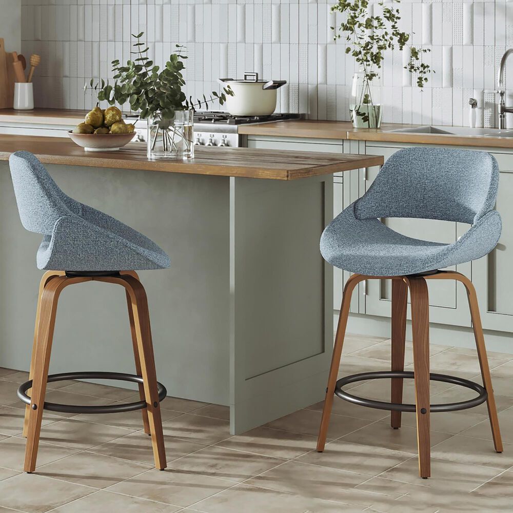LumiSource Fabrico 26" Swivel Fixed-Height Counter Stool with Charcoal Fabric Upholstery in Black and Walnut (Set of 2), , large