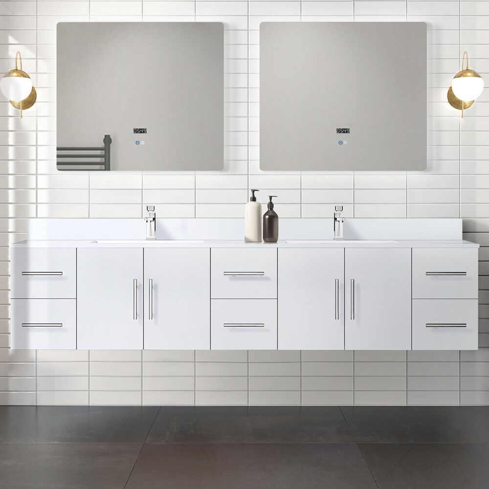 Lexora Home Geneva 84&quot; Double Bathroom Vanity in Glossy White with 2 cm White Cultured Marble Top and Rectangular Sinks, , large