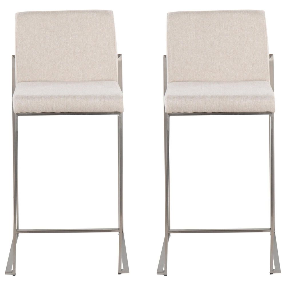 Lumisource Fuji High Back Counter Stool with Beige Fabric Cushion in Stainless Steel &#40;Set of 2&#41;, , large