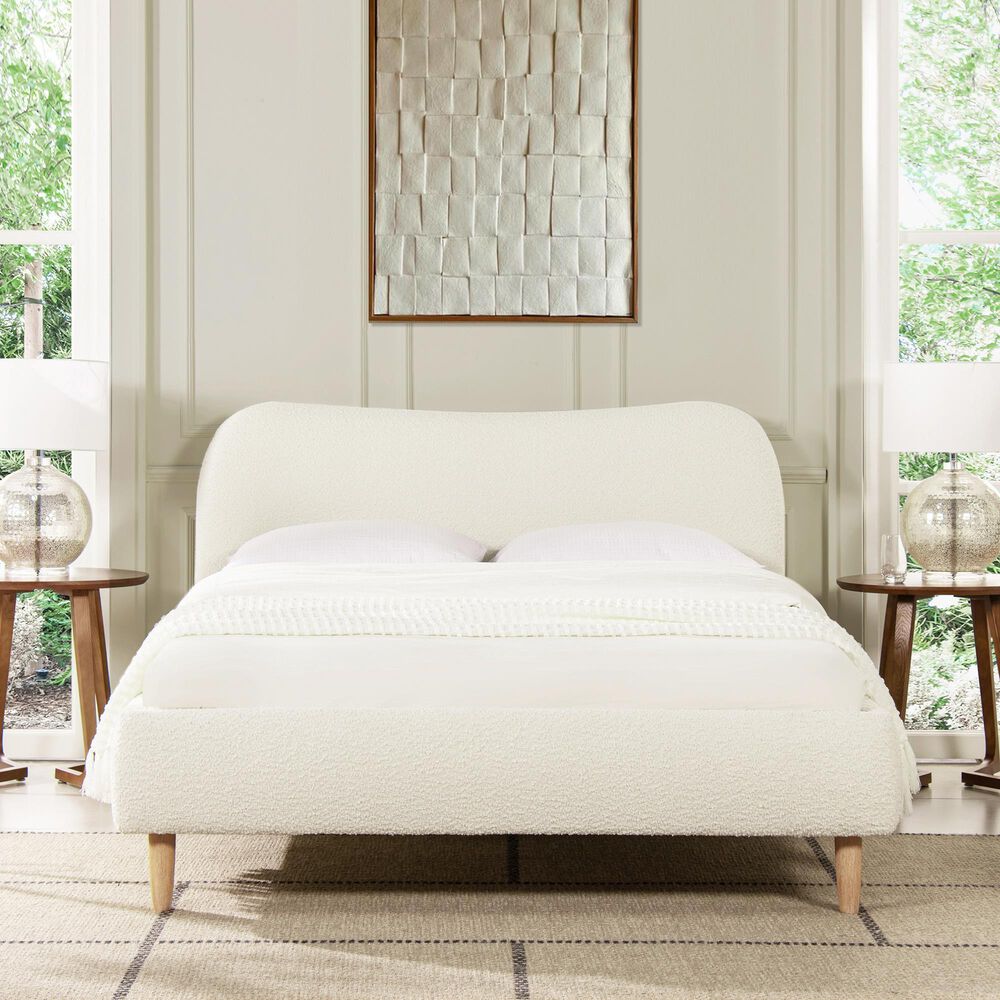 Jennifer Taylor Home Roman Queen Platform Bed with Ivory White Upholstered in Natural Whitewashed, , large