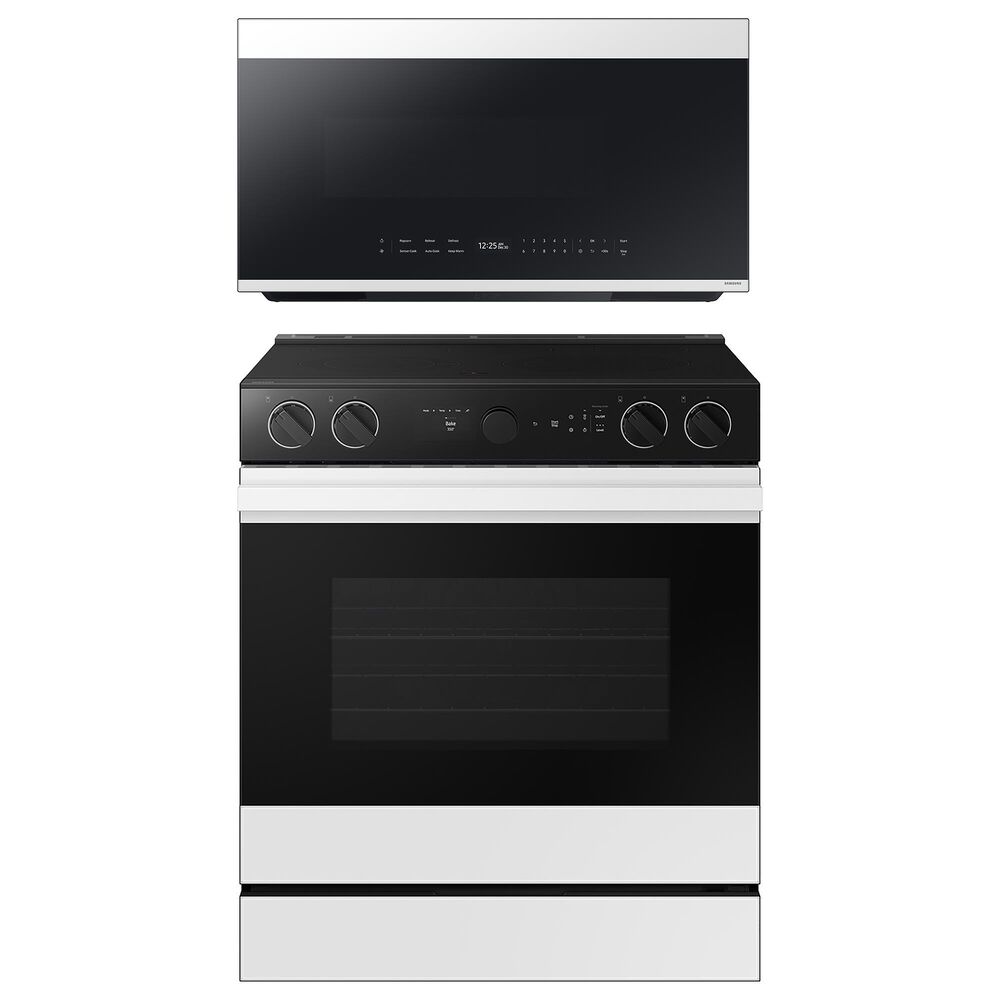 Samsung Bespoke 2-Piece Kitchen Package with 2.1 Cu. Ft. Over-The-Range Microwave and 6.3 Cu. Ft. Slide In Electric Range in White Glass, , large