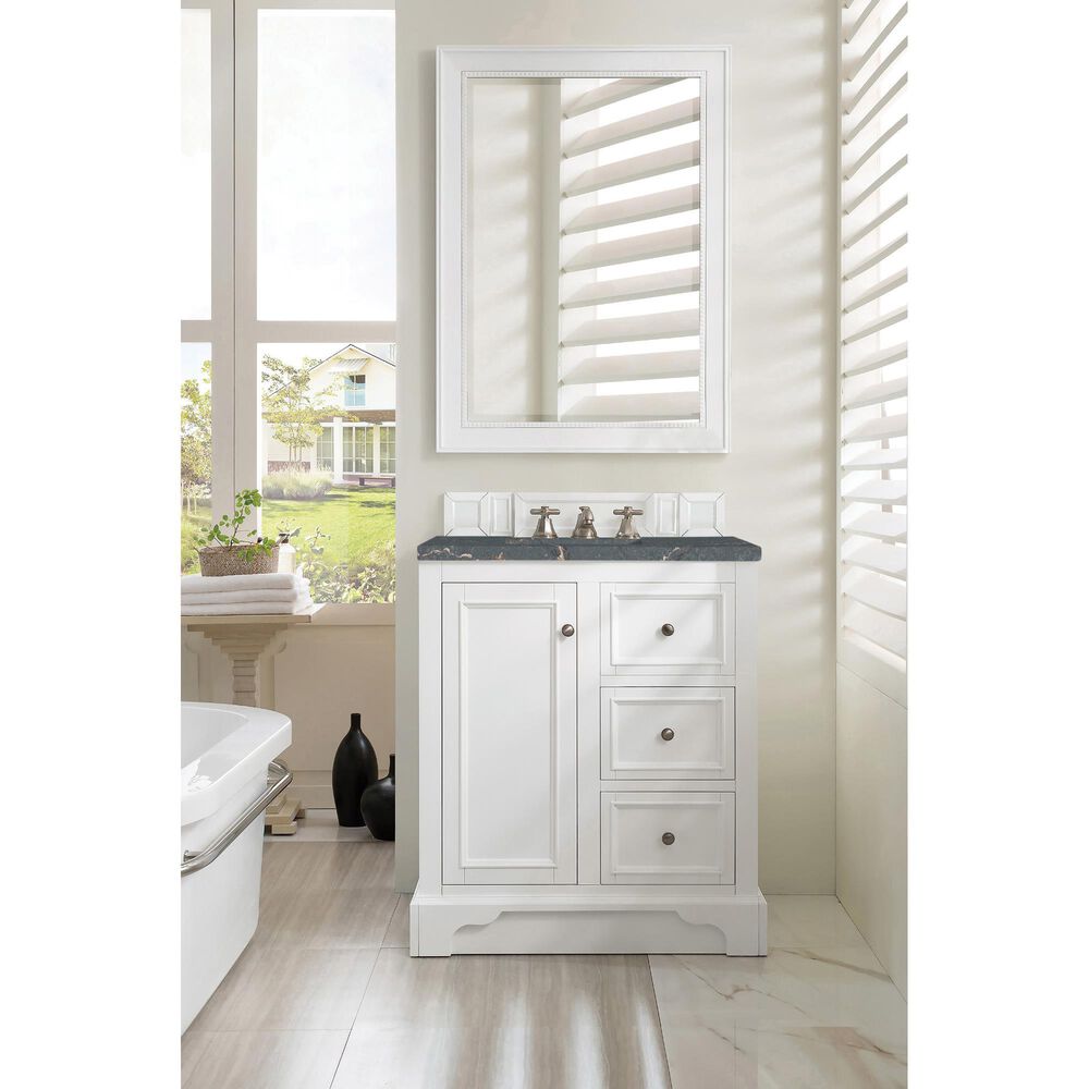 James Martin Vanities De Soto 30" Single Bathroom Vanity in Bright White with 3 cm Parisien Bleu Quartz Top and Rectangular Sink, , large