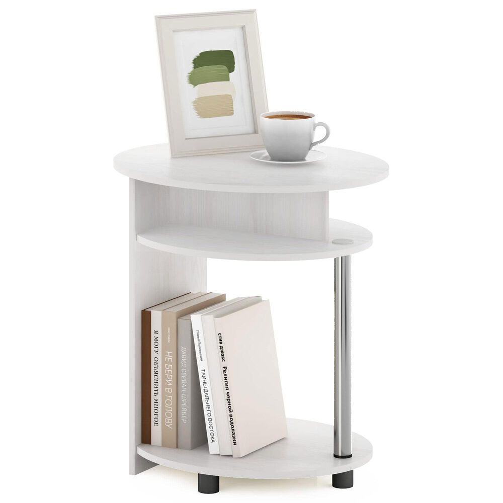 HOMLUX Oval End Table with Bookshelf in White Oak and Chrome, , large