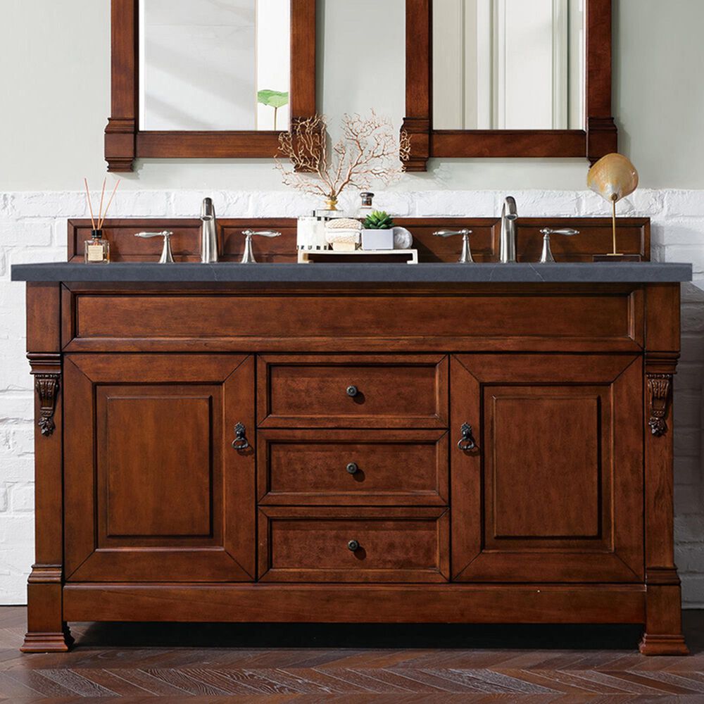 James Martin Vanities Brookfield 60&quot; Double Bathroom Vanity in Warm Cherry with 3 cm Charcoal Soapstone Quartz Top and Rectangle Sink, , large