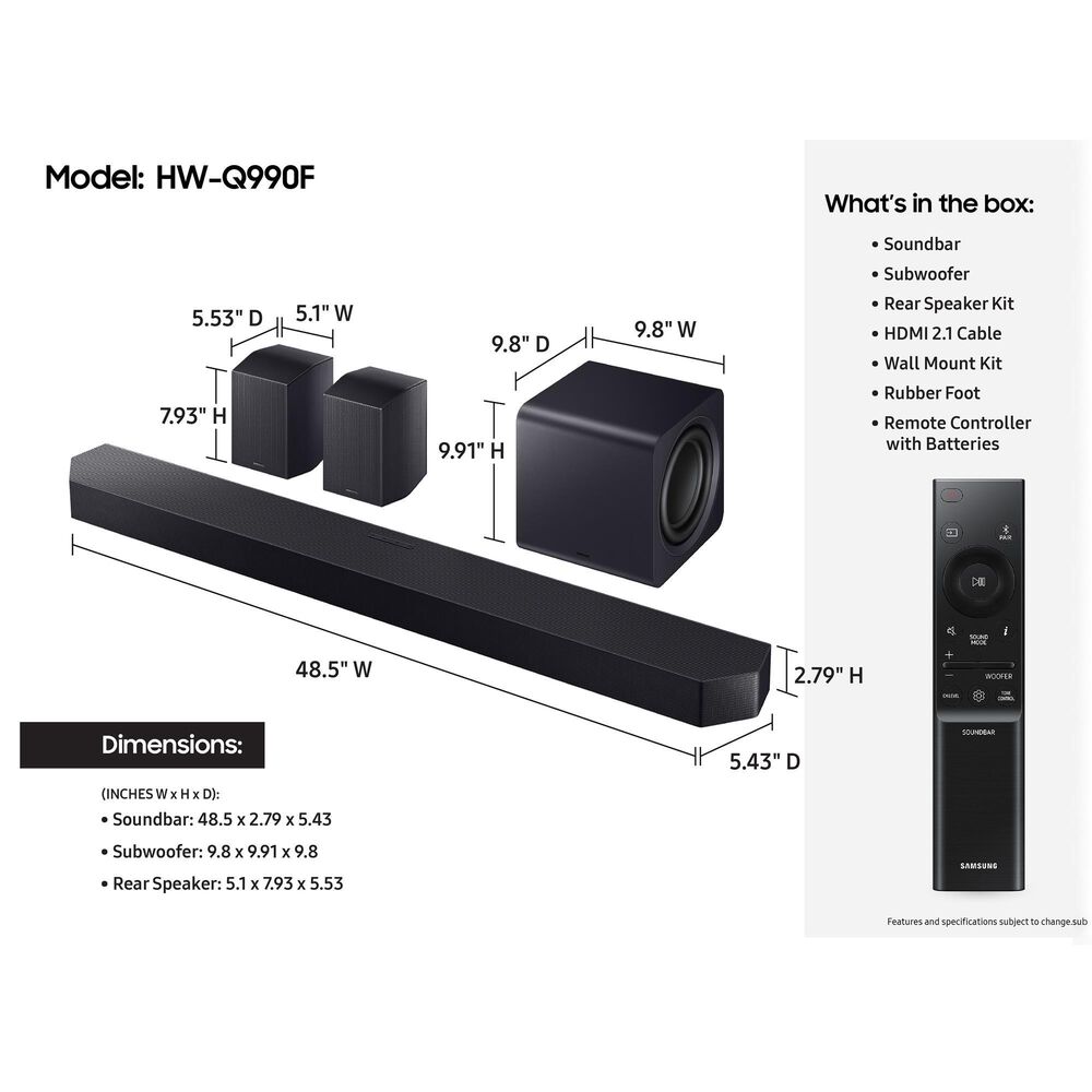 Samsung Q-Series 11.1.4 Channel Soundbar with Wireless Subwoofer and Rear Speaker in Titan Black, , large