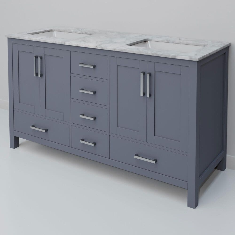 Lexora Home Jacques 60" Double Bathroom Vanity in Dark Grey with 2 cm White Carrara Marble Top and Rectangular Sinks, , large