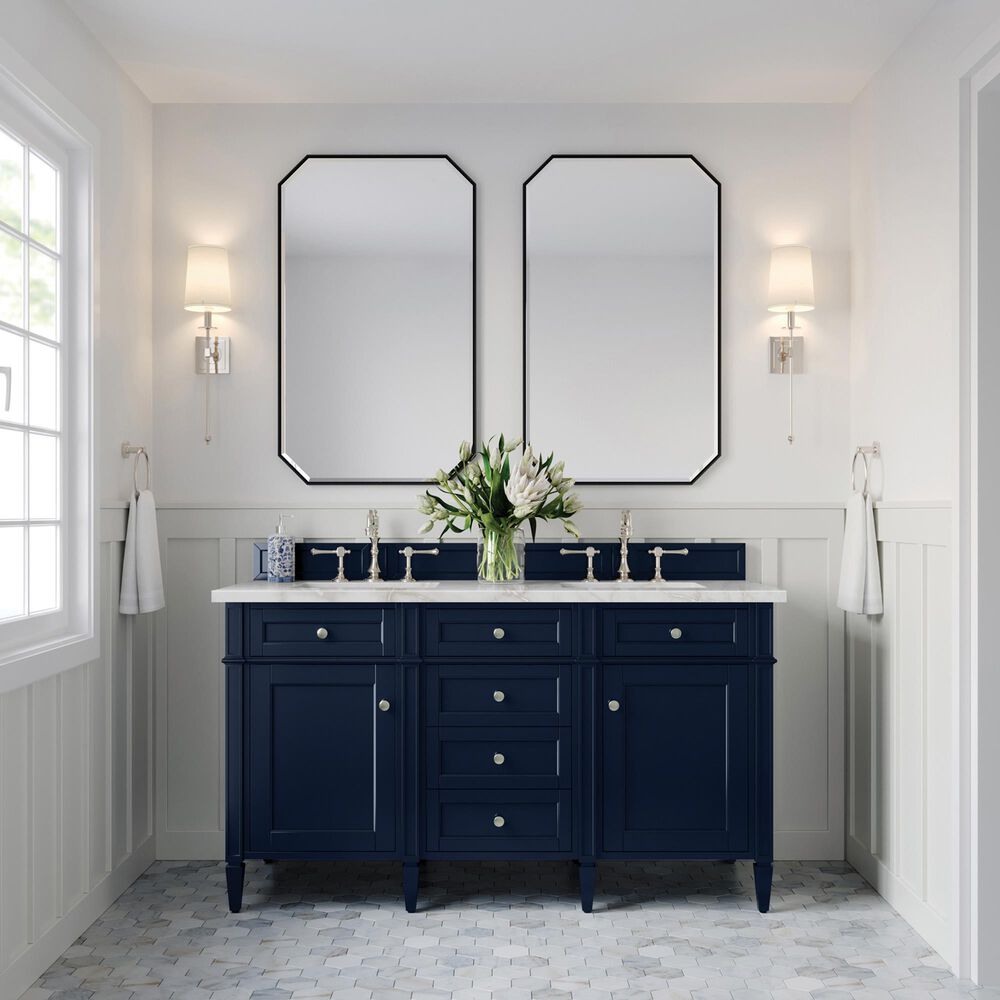 James Martin Brittany 60&quot; Double Bathroom Vanity in Victory Blue with Single Hole 3 cm White Zeus Quartz Top and Rectangular Sinks, , large