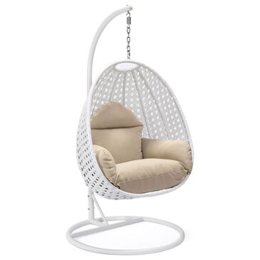 Leisuremod Patio Hanging Egg Swing Chair with Taupe Cushion in White, , large