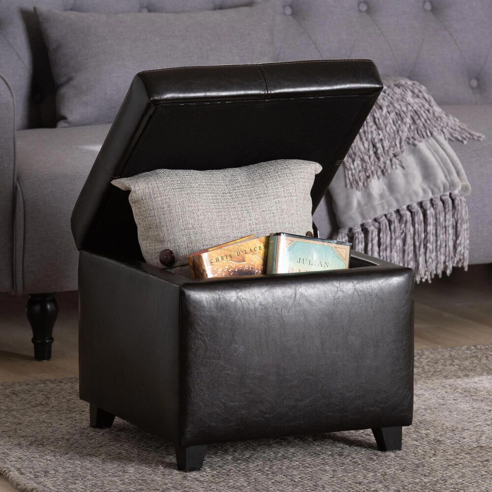 Baxton Studio Leather Cube Storage Ottoman in Dark Brown, , large