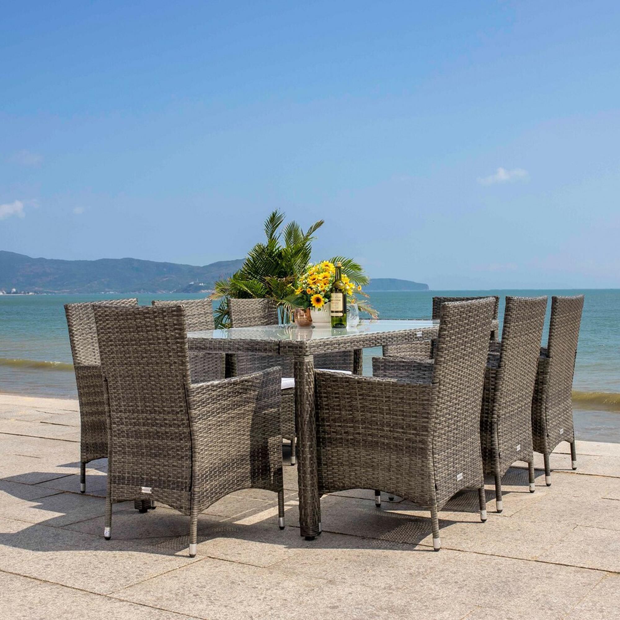 Safavieh Ashlan 9 Piece Dining Set with White Cushion in Grey and