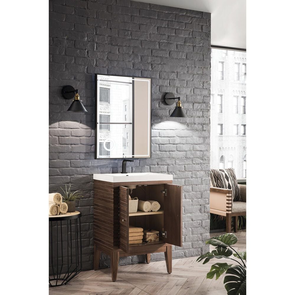 James Martin Vanities Linden 24&quot; Single Bathroom Vanity in Mid Century Walnut with 5 cm White Glossy Resin Top and Rectangular Sink, , large