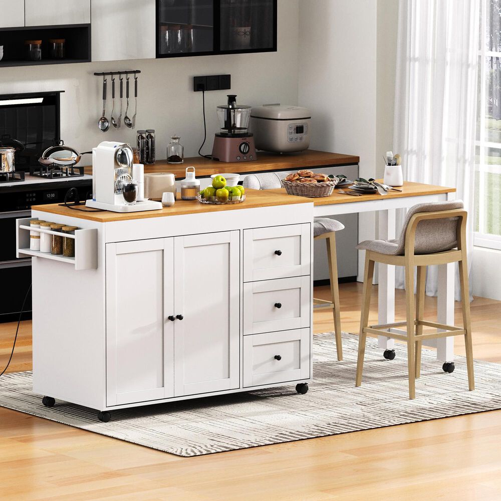 HOMLUX 74.8" Kitchen Island with Extendable Dining Table in White and Natural, , large