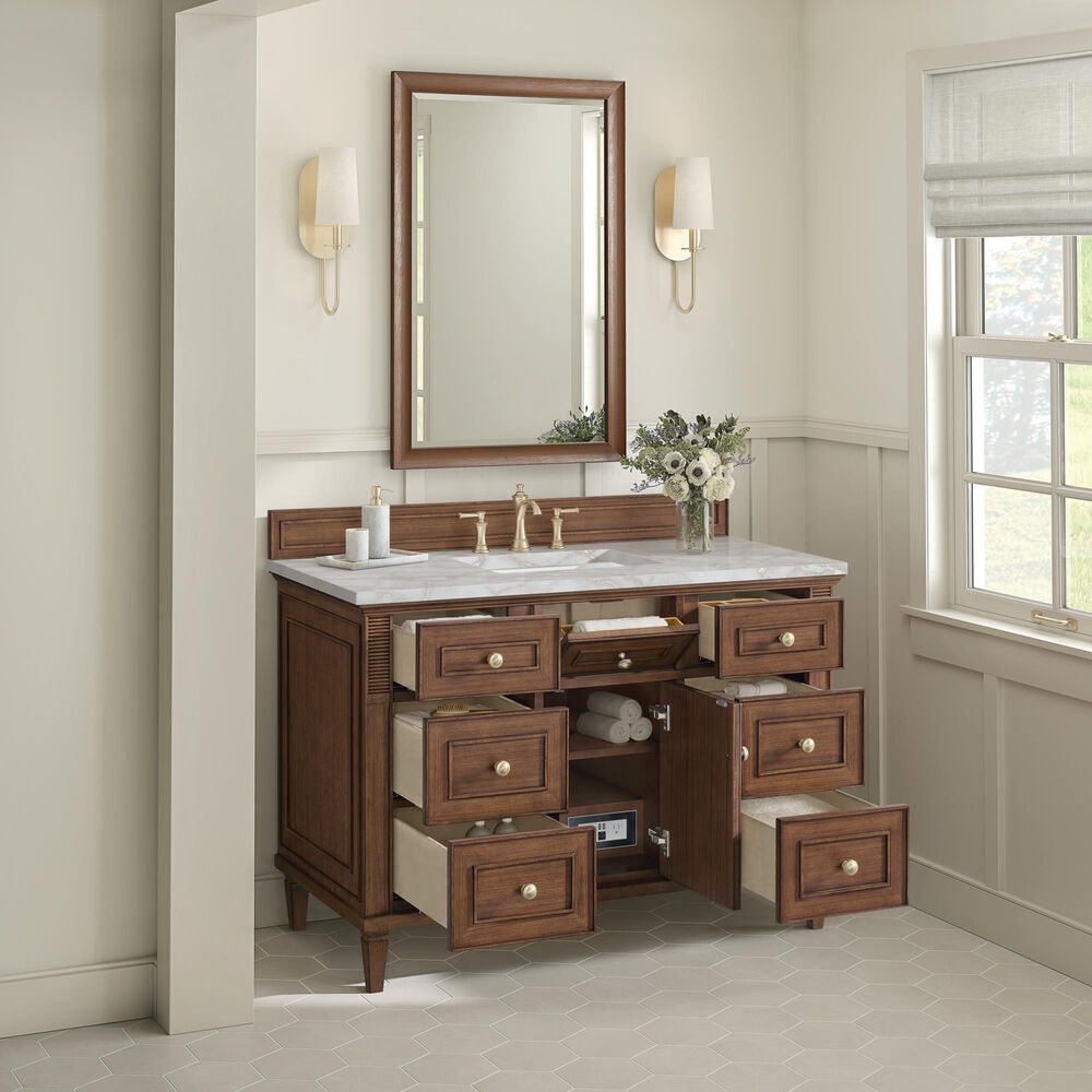 James Martin Vanities Lorelai 48" Single Bathroom Vanity in Mid-Century Walnut with 3 cm Eternal Jasmine Pearl Silestone Top, Rectangular Sink and FreePower Wireless Charger, , large