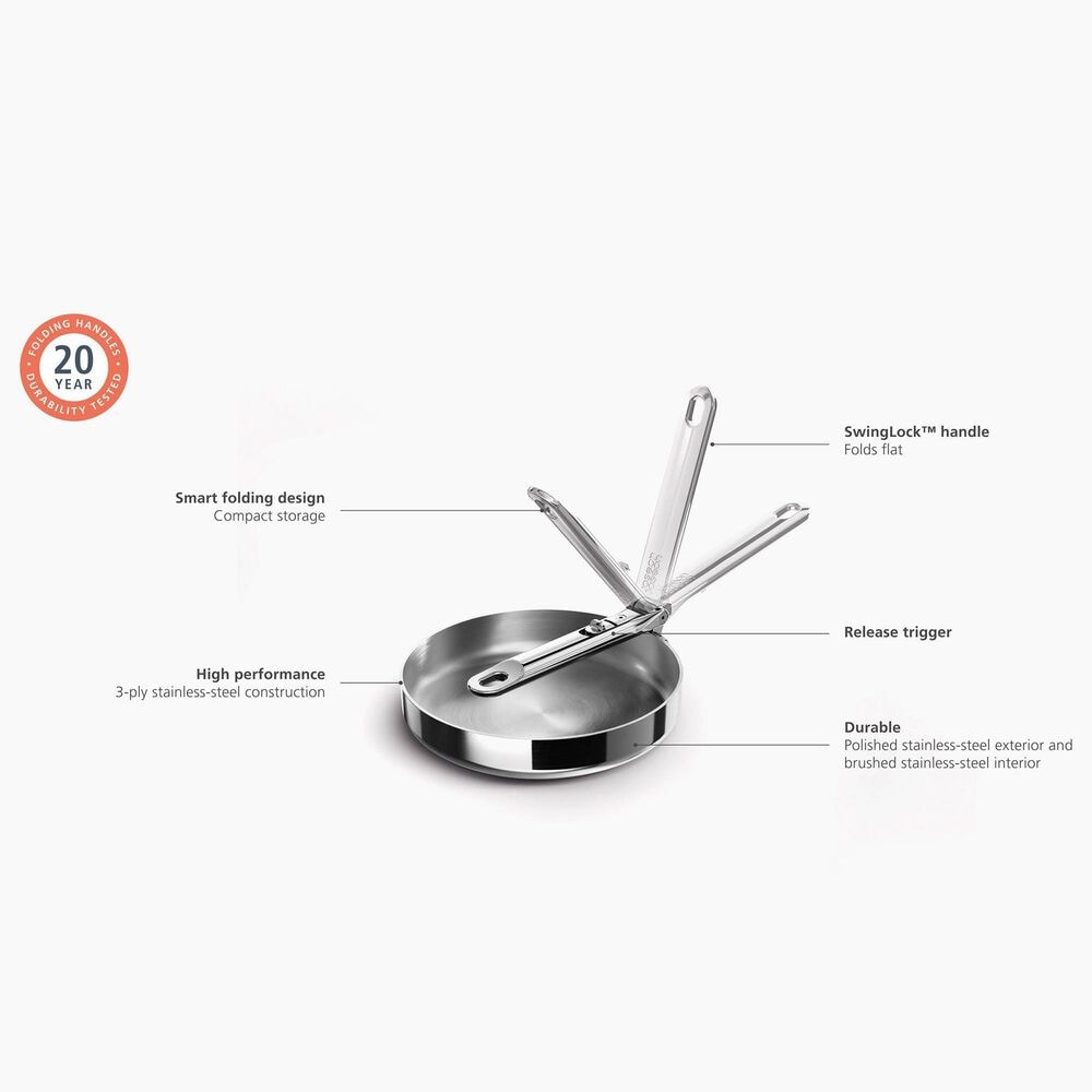Joseph Joseph Space Steel 8&quot; Frying Pan with Folding Handle in Stainless Steel, , large