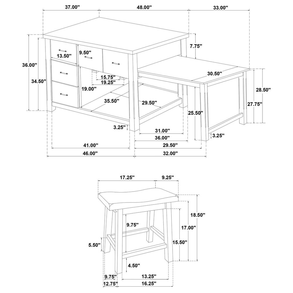 Pacific Landing Mayfair 3-Piece Kitchen Island with Extension Table in Dark Oak, , large