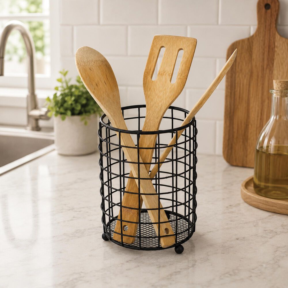 Home Basics Grid Cutlery Holder with Mesh Bottom in Black, , large