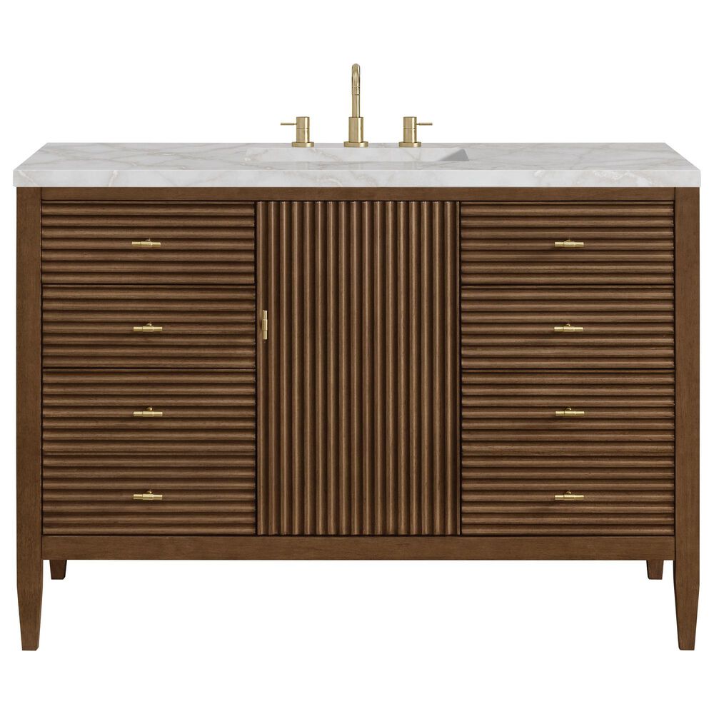 James Martin Vanities Myrrin 48" Single Bathroom Vanity in Mid-Century Walnut with 3 cm Eternal Jasmine Pearl Silestone Top, Rectangular Sink and FreePower Wireless Charger, , large