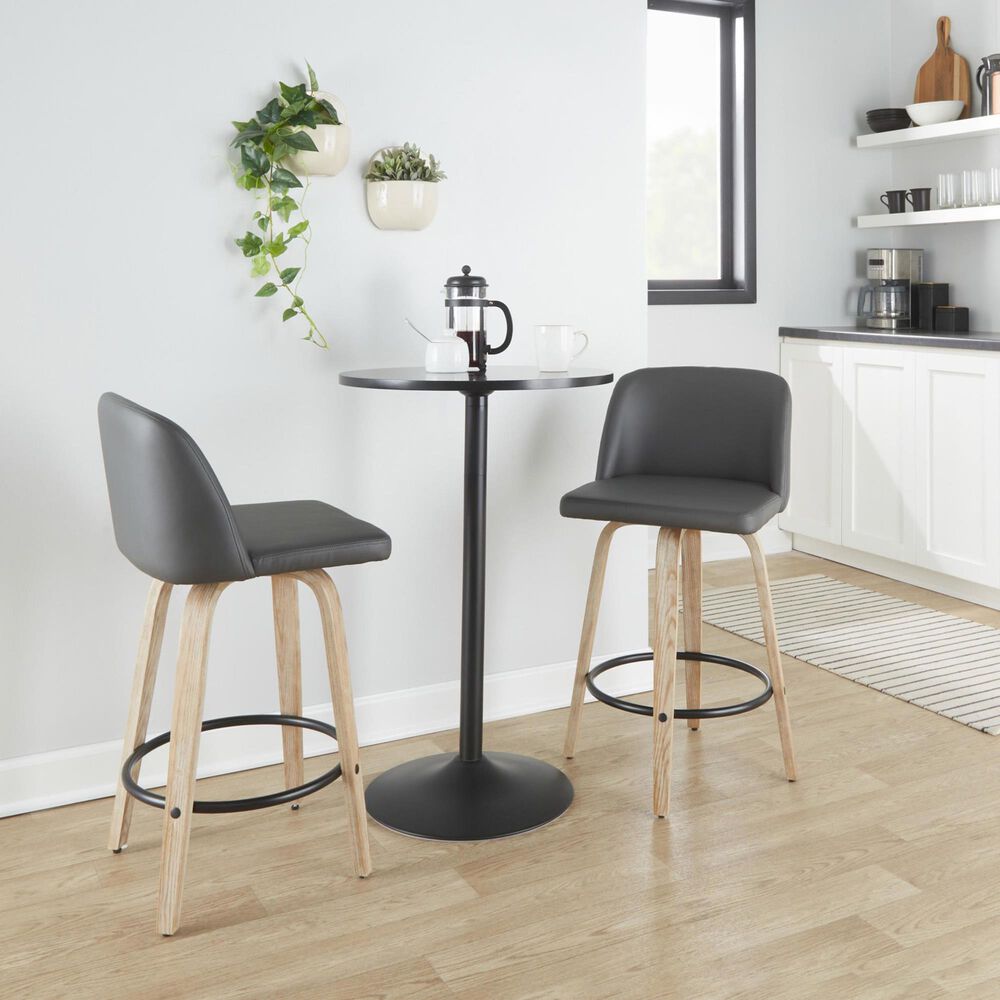 LumiSource Toriano Swivel Counter Stool with Grey Faux Leather Upholstery in Whitewashed and Black (Set of 2), , large